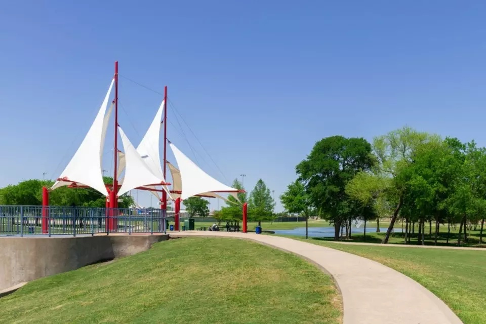 Centennial Park with iconic sails in Allen, TX