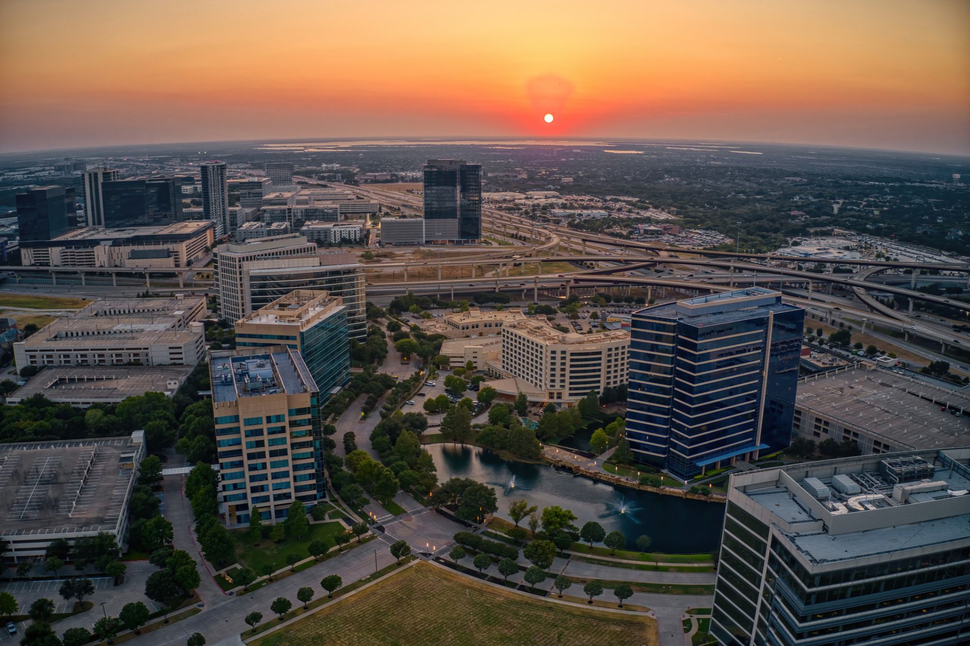 Plano business district area at dusk.