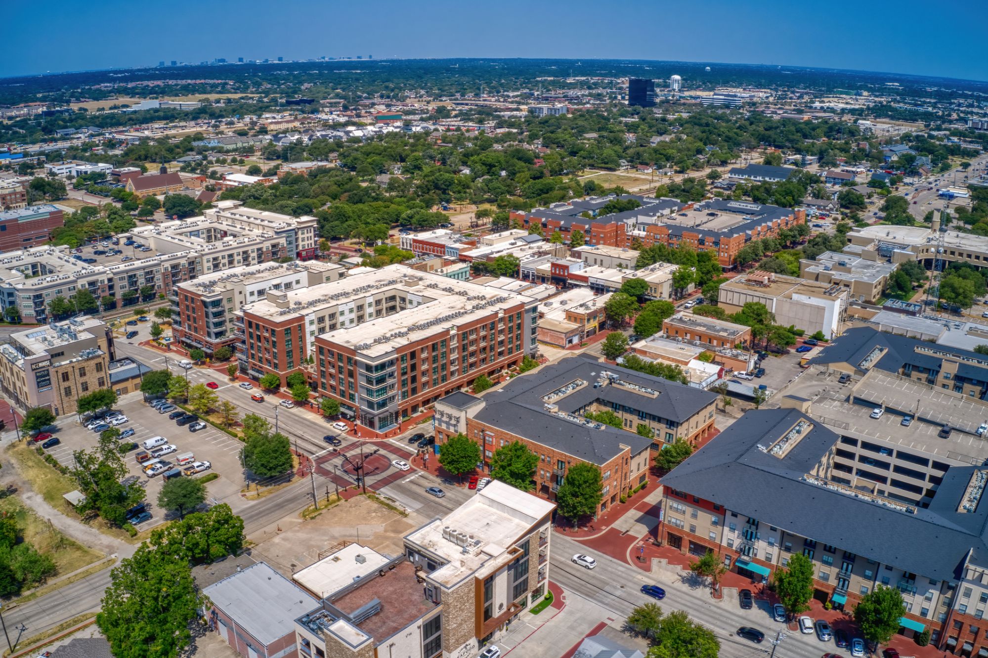 Aerial view of downtown plano historical and cultural district.